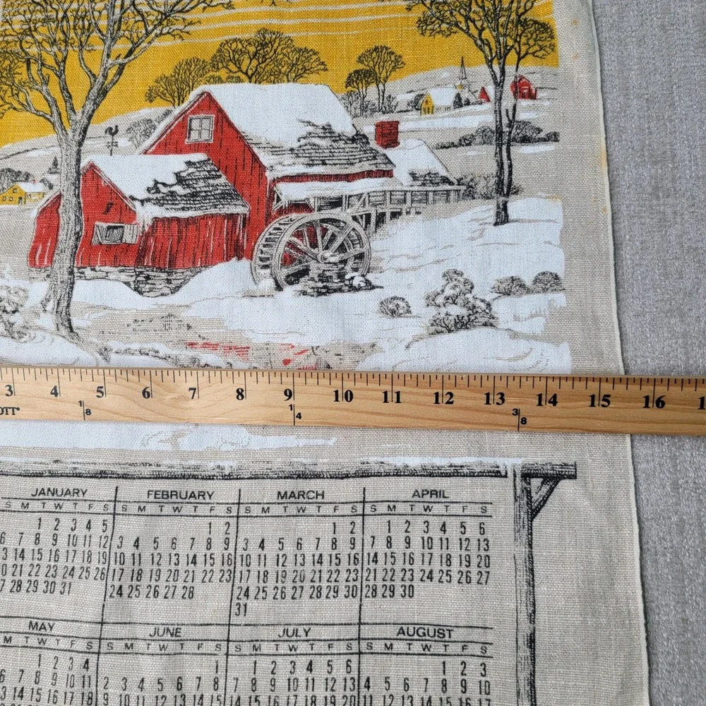 Calendar Tea Towel Tan 1974 Winter Barn Scene Vintage Linen Decor